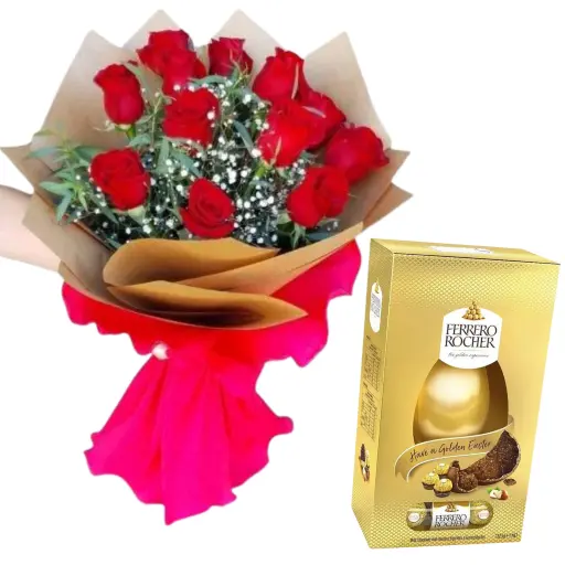Ramo de flores rosas importadas con huevo de pascua rocher box